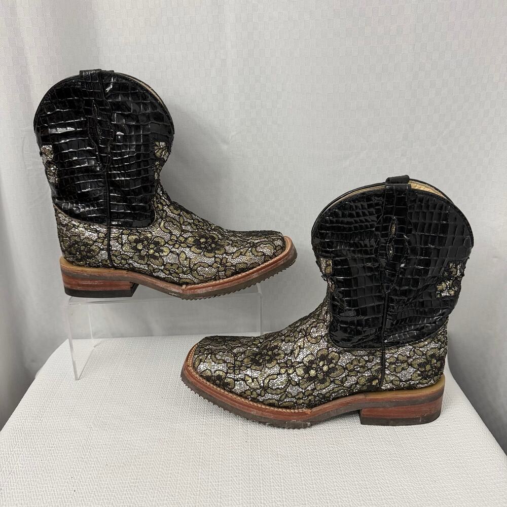 Ferrini Boots Womens Size 8.5 B Black Leather Floral Lace Cowboy Western - Picture 13 of 15